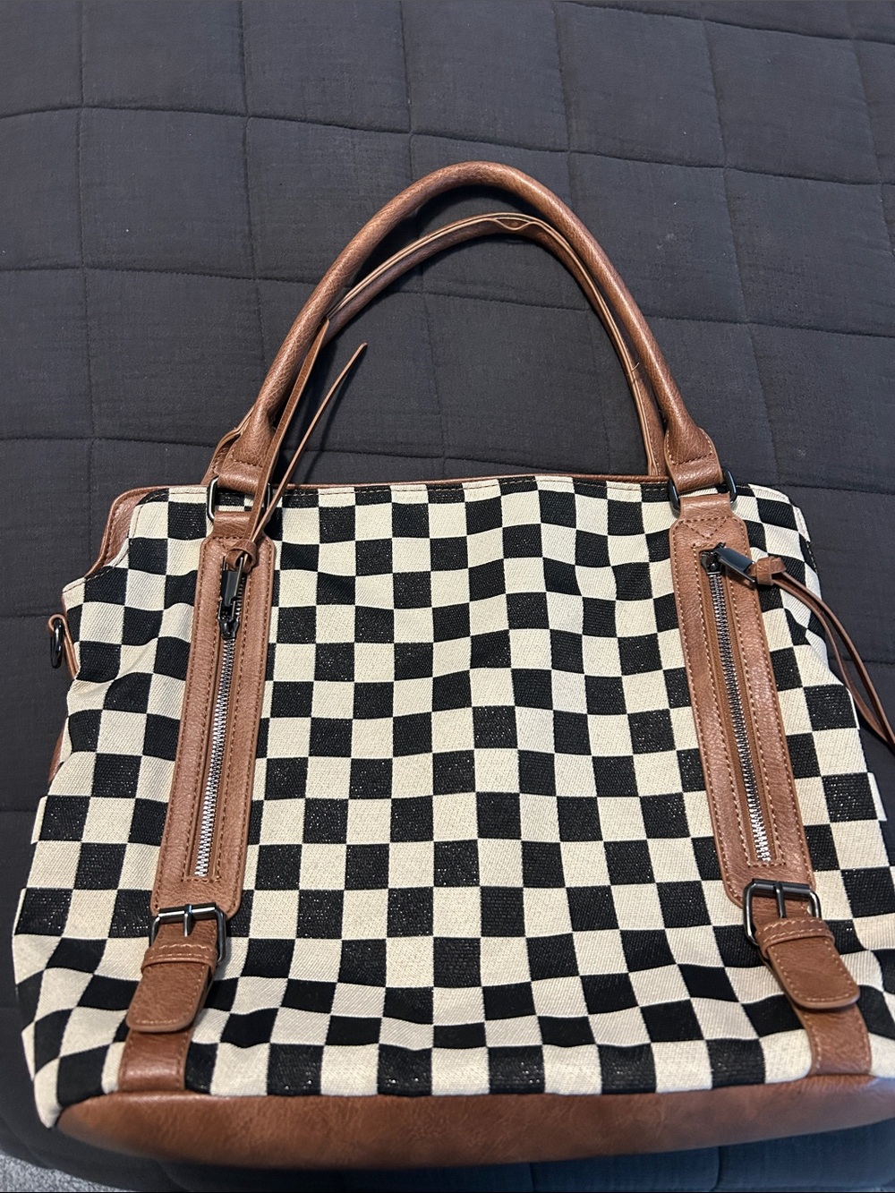 Checkerboard Canvas Tote with Brown Leather Trim